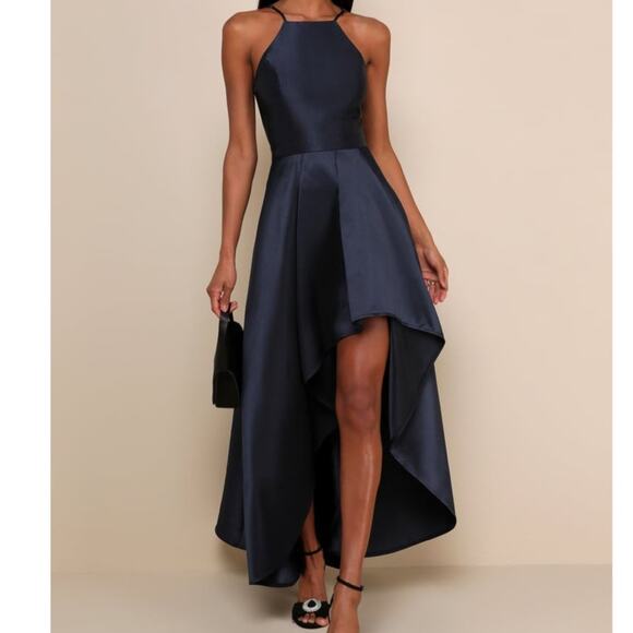 Lulus NWT Broadway Show Navy Blue High-Low Taffeta Pleated Gown Dress Medium - Picture 1 of 11
